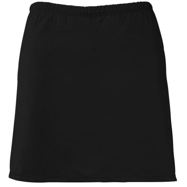 A black, knee-length skirt with an elastic waistband.