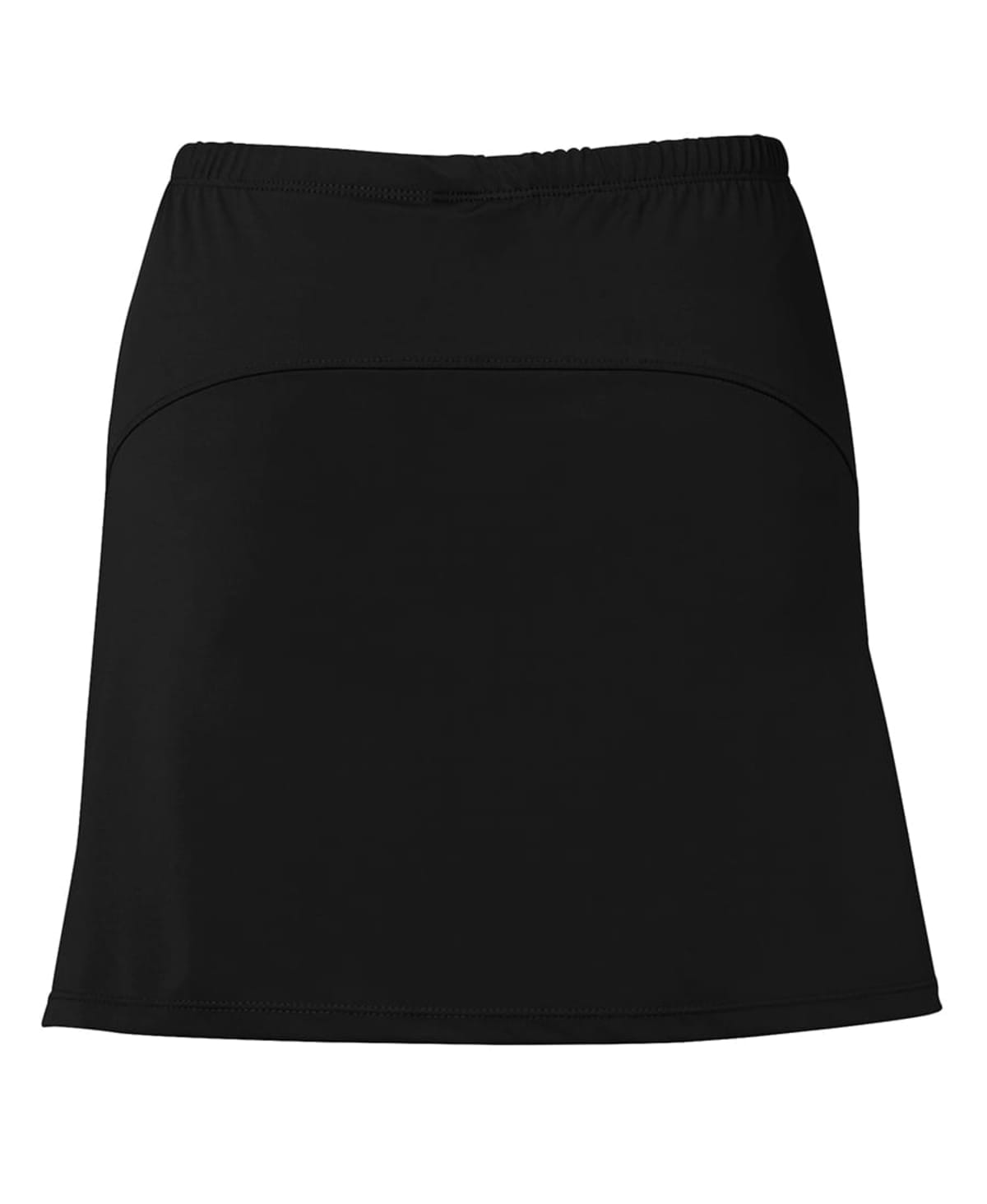 A black skort featuring an elastic waistband and a simple A-line design. The skort has a smooth, solid color finish and appears sporty and casual, suitable for various activities or casual wear.
