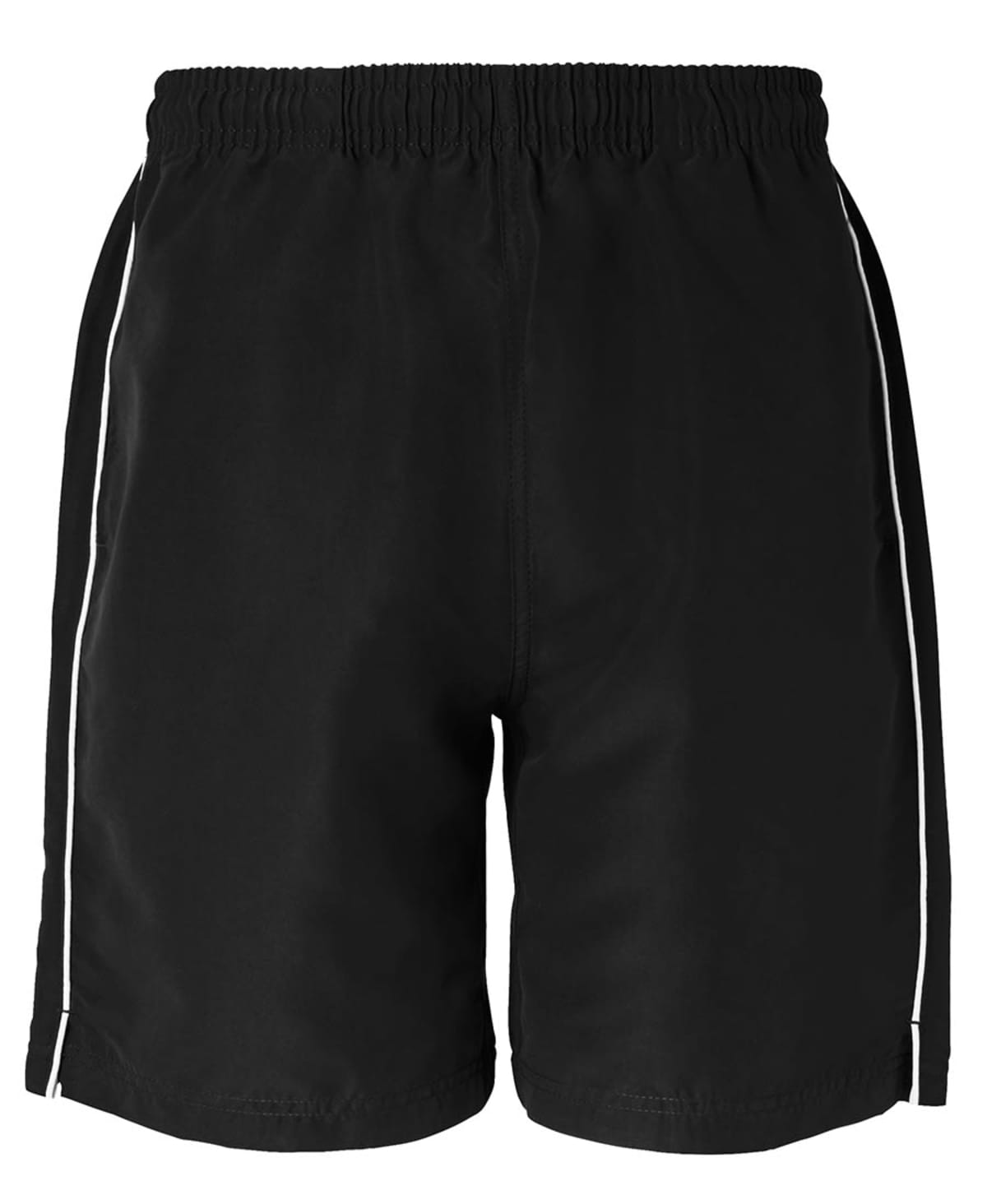 Black athletic shorts with a white stripe along the sides. They have an elastic waistband and a knee-length cut. The fabric appears smooth and suitable for sports or casual wear.