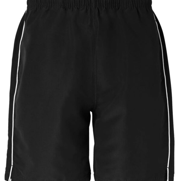 Black shorts with white piping on the sides, featuring an elastic waistband. The shorts are knee-length and have a simple, sporty design. The fabric appears smooth and lightweight.