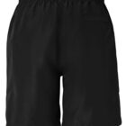 Rear view of plain black shorts with an elastic waistband and a single back pocket on the right side.