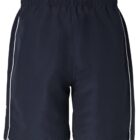 Navy blue athletic shorts with elastic waistband and white piping along the sides, shown on a plain white background.