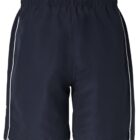 Navy blue athletic shorts with an elastic waistband and thin white side stripes.