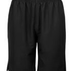 A pair of plain black athletic shorts with an elastic waistband and side slits at the bottom.