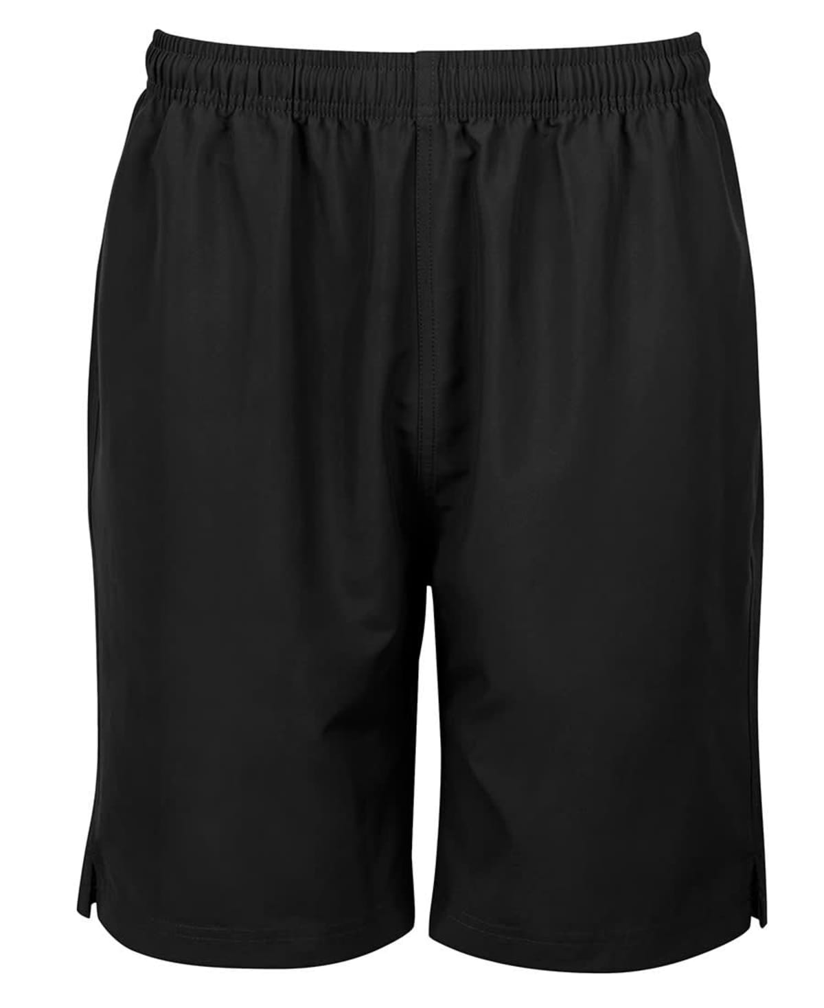 A pair of plain black athletic shorts with an elastic waistband and side slits at the bottom.