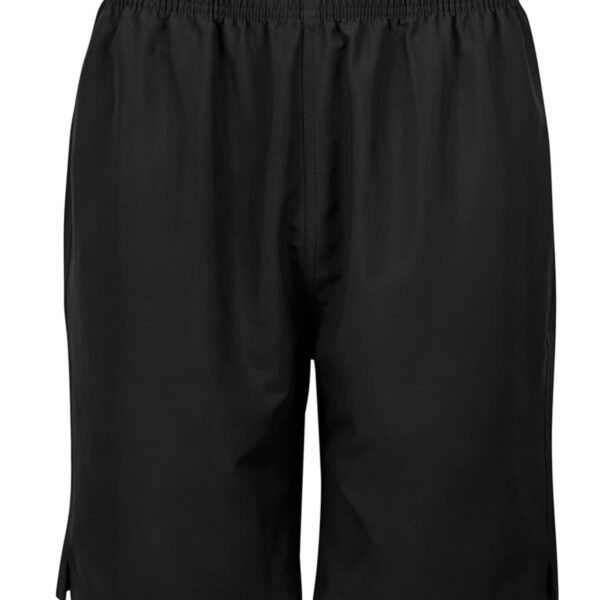 Black athletic shorts with an elastic waistband. The shorts are knee-length with a straight cut, made of lightweight fabric suitable for sports or casual wear.