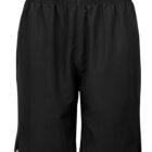 A pair of plain black athletic shorts with an elastic waistband and small side slits at the bottom of each leg.