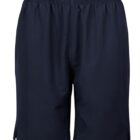 A pair of plain navy blue shorts with an elastic waistband and small side slits. The shorts appear to be made of lightweight fabric suitable for casual or athletic wear.