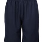 A pair of navy blue shorts with an elastic waistband and small side slits.
