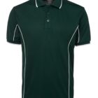 A green polo shirt with a three-button collar and white piping along the sleeves and sides.