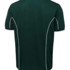 A dark green polo shirt with short sleeves and white piping along the seams. The shirt is shown from the back, highlighting its plain design and simple collar.