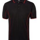 A black polo shirt with red trim along the collar, sleeves, and side seams. The shirt features a three-button placket and short sleeves, showcasing a sporty design.