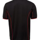 A black polo shirt with short sleeves, featuring red piping along the seams and edges. The shirt is displayed from the back, highlighting the simple yet stylish design.