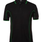 Black polo shirt with a classic collar and short sleeves. It features bright green piping along the shoulders, sides, and sleeve edges, adding a stylish contrast to the design.