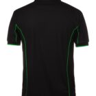 A black polo shirt with green piping along the seams and sleeve edges, shown from the back. The shirt has a collar and short sleeves.