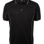 A black polo shirt with gray stitching along the sides and sleeves. It features a collar and a buttoned placket with three buttons.