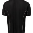 Back view of a black polo shirt with white piping along the seams. The shirt is plain and short-sleeved, with a classic collar.