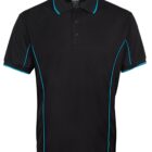 A black polo shirt with blue piping along the sleeves, sides, and collar. It has a three-button placket and a classic fit. The fabric appears soft and lightweight, suitable for casual or sporty wear.