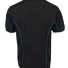 A black collared shirt with short sleeves, featuring light blue piping along the shoulders, sides, and back. The shirt is displayed from the back, highlighting its simple yet sporty design.
