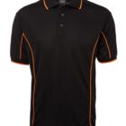 A black polo shirt with short sleeves, featuring bright orange piping on the sides and sleeves. The shirt has a classic collar and a three-button placket.