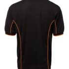 A black short-sleeved polo shirt with orange piping along the seams, displayed from the back. The shirt has a collar and plain design.