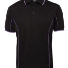 A black polo shirt with purple piping along the shoulders and sides, featuring a three-button placket.