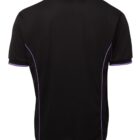 A black short-sleeve polo shirt is shown from the back. It has a purple trim along the collar, sleeves, and seams, adding a contrast to the dark fabric. The shirt features a classic collar and is presented against a plain white background.