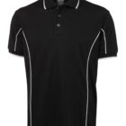 A black polo shirt with white piping accents along the shoulders and sides. The shirt has a classic collar and a three-button placket.
