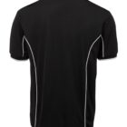 A black short-sleeved polo shirt with white piping along the sleeves and seams, viewed from the back.