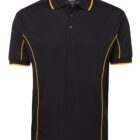 A black polo shirt with yellow piping along the seams and collar. It has a two-button placket and short sleeves.