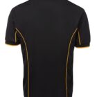 A black polo shirt with yellow piping along the seams, shown from the back. The short-sleeved shirt has a classic collar and a simple design.