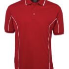A red short-sleeve polo shirt with white piping along the sleeves and sides. It has a collared neckline with a button placket.