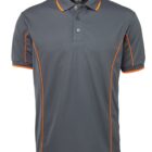 A gray polo shirt with orange piping along the sides and sleeves. The shirt has a collar and a two-button placket.