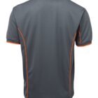 A dark gray short-sleeve polo shirt with orange piping along the seams and sleeves. The shirt has a classic polo collar and is shown from the back.