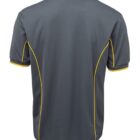 A gray polo shirt with yellow piping accents on the sleeves and sides, viewed from the back. The shirt has a collar and short sleeves, providing a casual and sporty look.