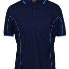 A dark blue polo shirt with a collar and three buttons. It features light blue piping along the shoulders, sleeves, and sides, adding a contrast to the overall design. The shirt hangs against a plain background.