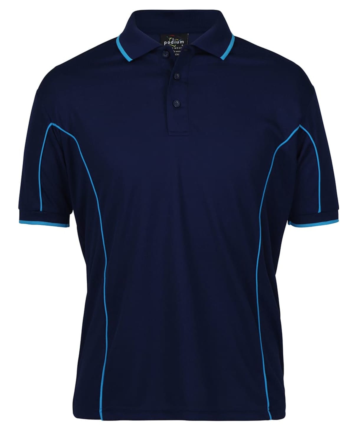 A dark blue polo shirt with a collar and three buttons. It features light blue piping along the shoulders, sleeves, and sides, adding a contrast to the overall design. The shirt hangs against a plain background.