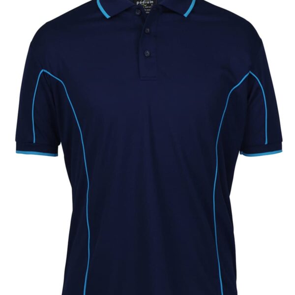 A navy blue polo shirt with light blue piping along the sleeves and sides. The shirt features a collar and three-button placket.