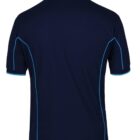 Back view of a navy blue polo shirt with light blue piping along the seams, short sleeves, and a collar. The shirt appears plain, with no visible logos or designs.