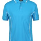 A blue polo shirt with white piping along the sides and sleeves. The shirt has a three-button placket and a collar, designed for a casual and sporty look.