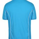 A blue short-sleeve polo shirt with white piping along the seams, viewed from the back. The shirt has a collar and is made from a smooth fabric.