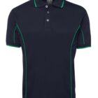 A black polo shirt with a collar and three buttons. It features green piping along the sleeves and sides for contrast. The fabric appears smooth and lightweight, suitable for casual or sporty occasions.