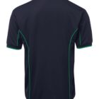 A navy blue polo shirt with short sleeves, viewed from the back. It features green piping along the side seams and the edges of the sleeves. The shirt has a collar and no visible logos or patterns.