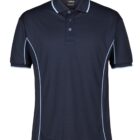 A dark blue polo shirt with light blue piping along the sides and sleeves. The shirt has a buttoned collar and a smooth fabric texture.
