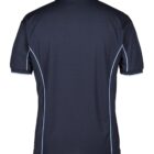 A black polo shirt with light blue piping details along the sides and sleeves, shown from the back against a plain white background. The shirt has a classic collar and short sleeves.
