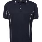 A navy blue polo shirt with white piping along the shoulders and sides. The shirt features a classic collar, a three-button placket, and short sleeves.