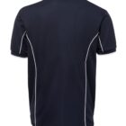 A black polo shirt with white piping along the sides and sleeves is shown from the back. The shirt features short sleeves and a collar, creating a classic look.