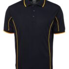 A black polo shirt with short sleeves, featuring yellow piping along the seams and edges. The shirt has a buttoned collar and a smooth, sporty design.
