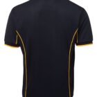 Black short-sleeve polo shirt with bright yellow trim along the sleeves, collar, and sides, viewed from the back against a white background.