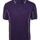 A purple polo shirt with a buttoned collar and white piping along the sides and shoulders. The shirt has short sleeves and a sleek, sporty design.